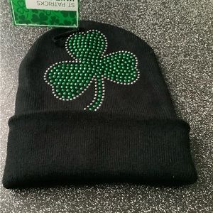 NWT Black knit beanie hat w/beaded Shamerock